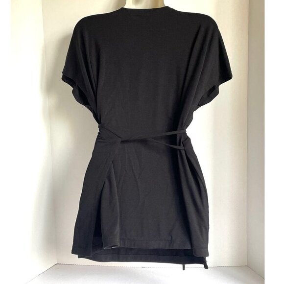 Eileen Fisher Wrap Top Medium Black V-Neck Short Sleeve Jersey Boxy Blouse Ties - Picture 4 of 7